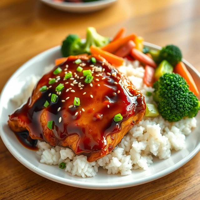 A beautifully plated teriyaki chicken dish, featuring tender, glazed chicken breast marinated in a rich teriyaki sauce, garnished with sesame seeds and finely chopped green onions