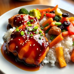 A beautifully plated teriyaki chicken dish, featuring tender, glazed chicken breast marinated in a rich teriyaki sauce, garnished with sesame seeds and finely chopped green onions