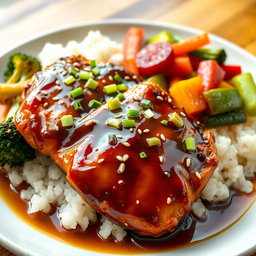 A beautifully plated teriyaki chicken dish, featuring tender, glazed chicken breast marinated in a rich teriyaki sauce, garnished with sesame seeds and finely chopped green onions