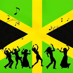 An artistic representation of the Jamaican flag prominently displayed in the background, featuring vibrant green, yellow, and black stripes
