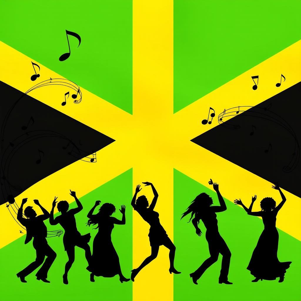 An artistic representation of the Jamaican flag prominently displayed in the background, featuring vibrant green, yellow, and black stripes