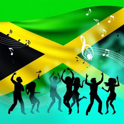 An artistic representation of the Jamaican flag prominently displayed in the background, featuring vibrant green, yellow, and black stripes