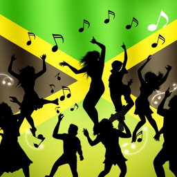 An artistic representation of the Jamaican flag prominently displayed in the background, featuring vibrant green, yellow, and black stripes