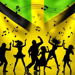 An artistic representation of the Jamaican flag prominently displayed in the background, featuring vibrant green, yellow, and black stripes