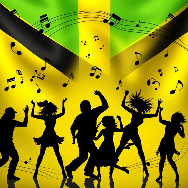 An artistic representation of the Jamaican flag prominently displayed in the background, featuring vibrant green, yellow, and black stripes
