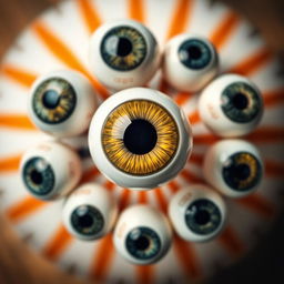 A striking close-up of a group of eyeballs arranged in an intriguing circular pattern