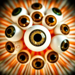 A striking close-up of a group of eyeballs arranged in an intriguing circular pattern