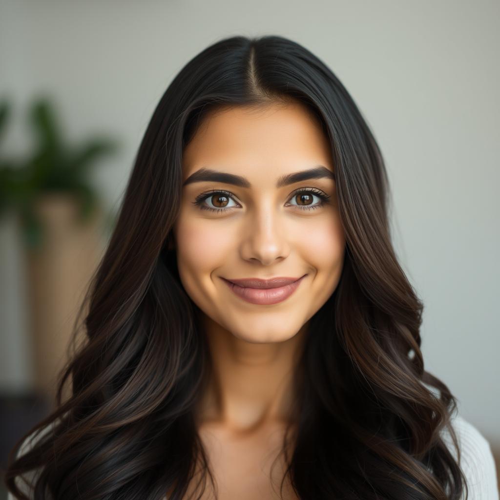 A full, natural portrait of a Persian woman, aged 28, showcasing her beautiful facial features