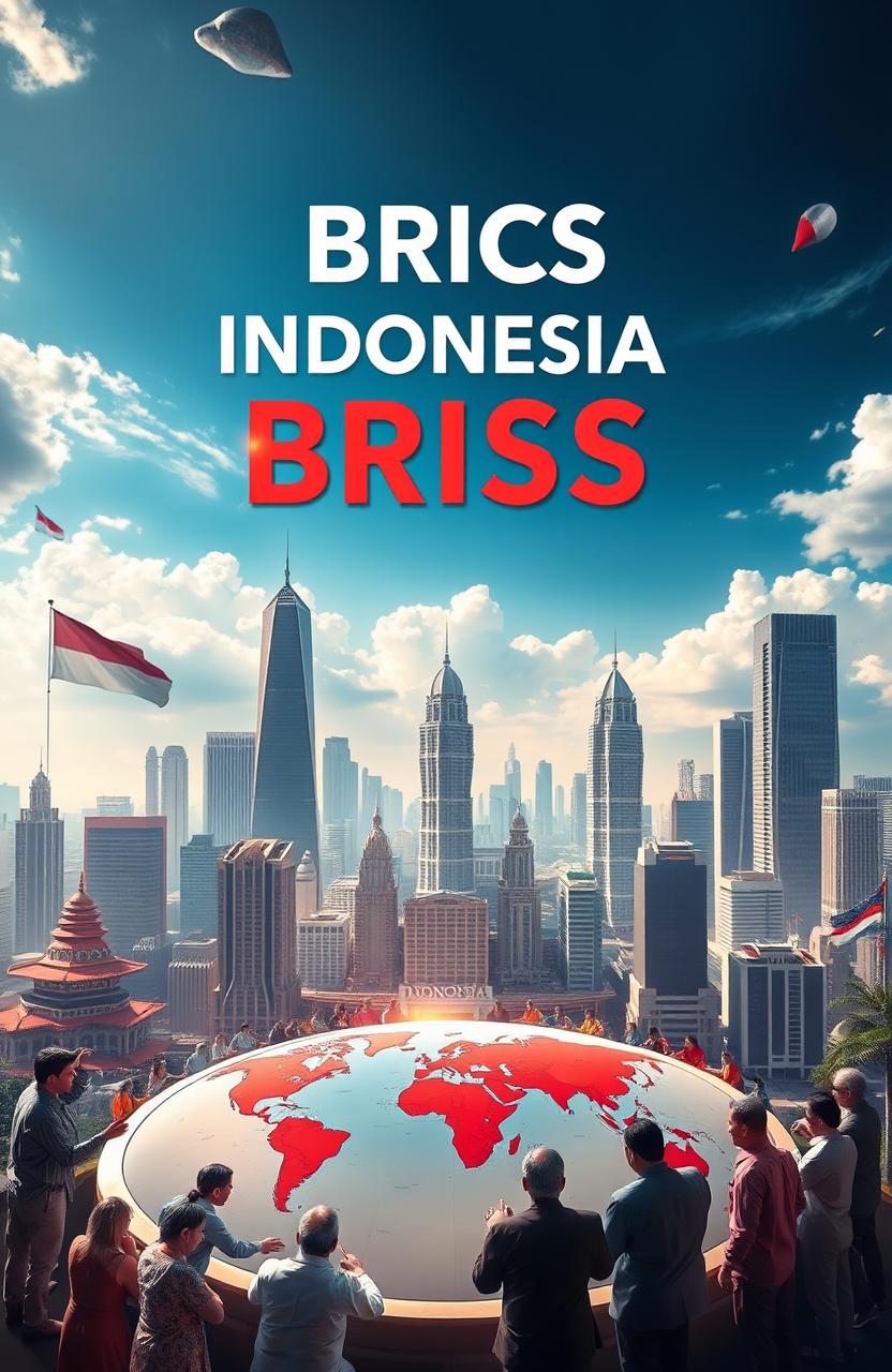 A striking and futuristic representation of Indonesia asserting its identity as a global power within the BRICS alliance, showcasing a dynamic skyline of Jakarta blending modern skyscrapers with traditional architecture, vibrant cultural expressions, and a diverse group of leaders discussing strategies around a map of the world