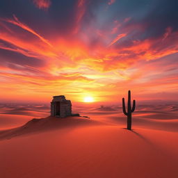 A surreal, dreamlike landscape depicting a vast, colorful desert at sunset