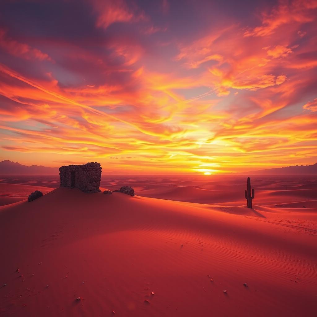 A surreal, dreamlike landscape depicting a vast, colorful desert at sunset