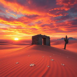 A surreal, dreamlike landscape depicting a vast, colorful desert at sunset