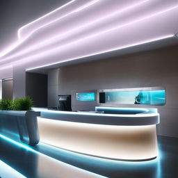 A futuristic reception area with clean lines, glossy surfaces, innovative technology, and ambient lighting.