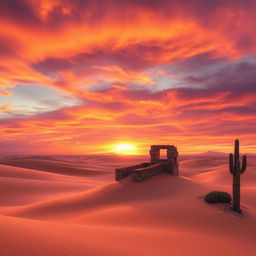 A surreal, dreamlike landscape depicting a vast, colorful desert at sunset