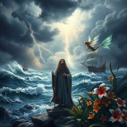 An ethereal scene depicting the mystical island from William Shakespeare's "The Tempest"