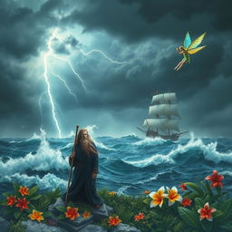 An ethereal scene depicting the mystical island from William Shakespeare's "The Tempest"