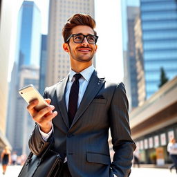 A stylish and confident young man depicted as a modern yuppie, wearing a sharp tailored suit, holding a smartphone