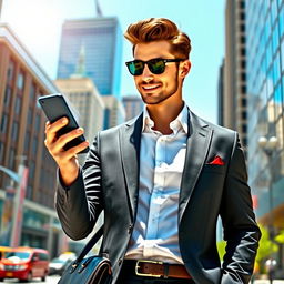 A stylish and confident young man depicted as a modern yuppie, wearing a sharp tailored suit, holding a smartphone