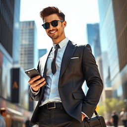 A stylish and confident young man depicted as a modern yuppie, wearing a sharp tailored suit, holding a smartphone