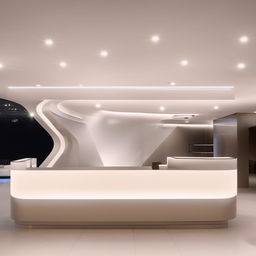 A futuristic reception area with clean lines, glossy surfaces, innovative technology, and ambient lighting.