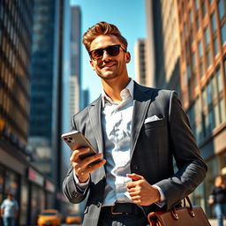 A stylish and confident young man depicted as a modern yuppie, wearing a sharp tailored suit, holding a smartphone