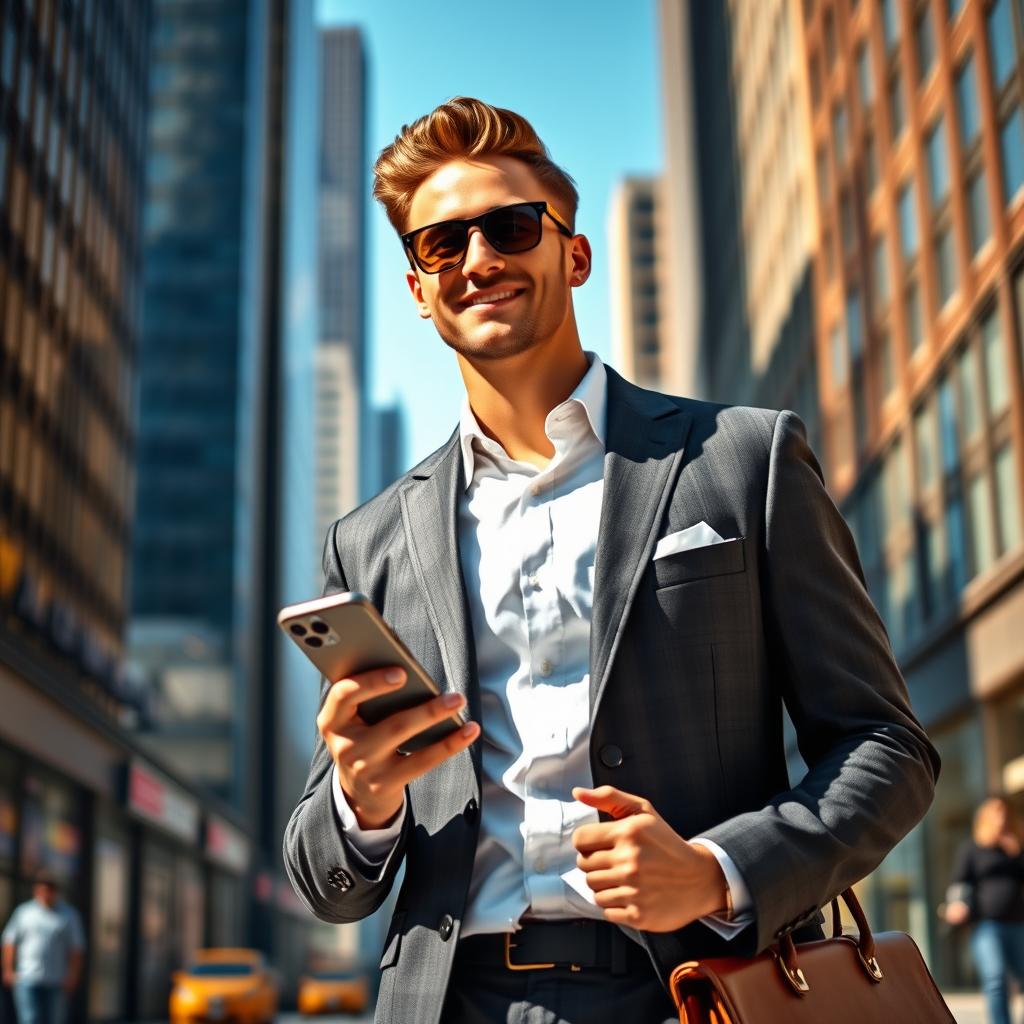A stylish and confident young man depicted as a modern yuppie, wearing a sharp tailored suit, holding a smartphone