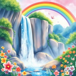 A vibrant and enchanting scene featuring a colorful rainbow arching gracefully over a majestic waterfall