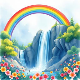 A vibrant and enchanting scene featuring a colorful rainbow arching gracefully over a majestic waterfall