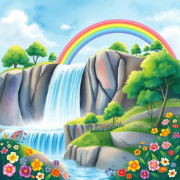 A vibrant and enchanting scene featuring a colorful rainbow arching gracefully over a majestic waterfall
