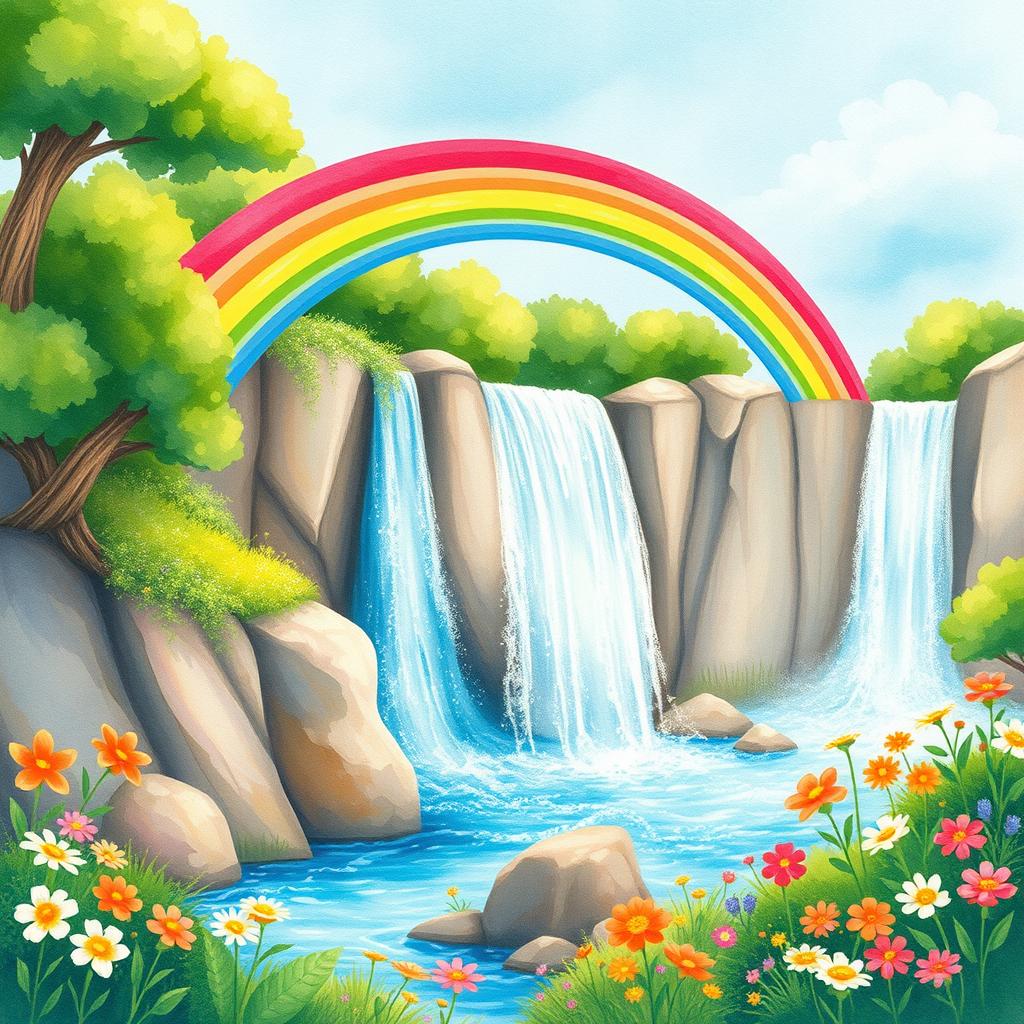A vibrant and enchanting scene featuring a colorful rainbow arching gracefully over a majestic waterfall