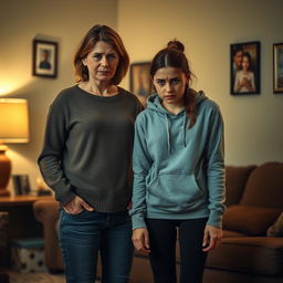 A tense yet emotional scene depicting a mother and her teenage daughter in a warmly lit living room
