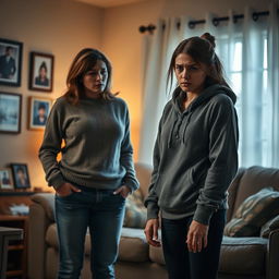 A tense yet emotional scene depicting a mother and her teenage daughter in a warmly lit living room