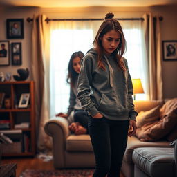 A tense yet emotional scene depicting a mother and her teenage daughter in a warmly lit living room