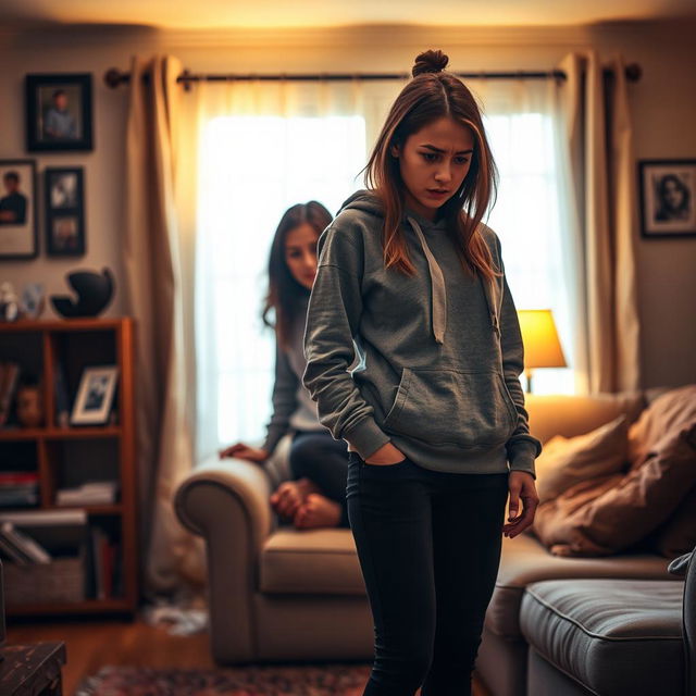 A tense yet emotional scene depicting a mother and her teenage daughter in a warmly lit living room
