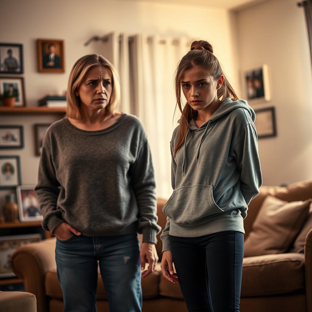 A tense yet emotional scene depicting a mother and her teenage daughter in a warmly lit living room