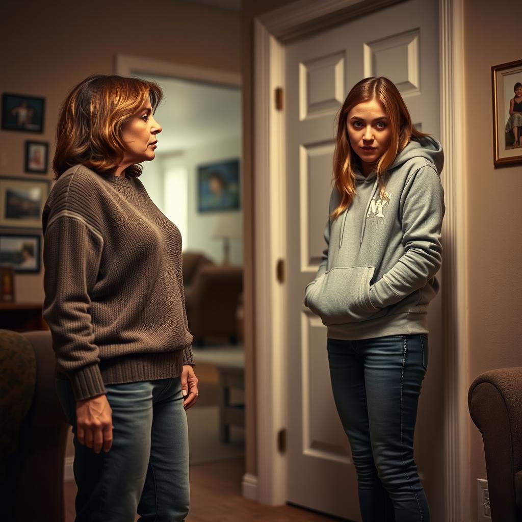 A dramatic and emotional scene set in a home environment, featuring a mother, wearing a comfortable sweater and relaxed jeans, with a concerned look on her face, addressing her teenage daughter