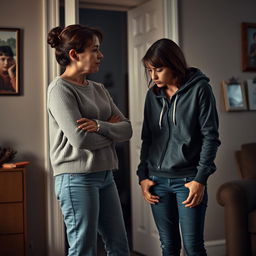 A dramatic and emotional scene set in a home environment, featuring a mother, wearing a comfortable sweater and relaxed jeans, with a concerned look on her face, addressing her teenage daughter