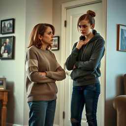 A dramatic and emotional scene set in a home environment, featuring a mother, wearing a comfortable sweater and relaxed jeans, with a concerned look on her face, addressing her teenage daughter