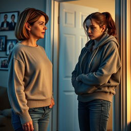 A dramatic and emotional scene set in a home environment, featuring a mother, wearing a comfortable sweater and relaxed jeans, with a concerned look on her face, addressing her teenage daughter