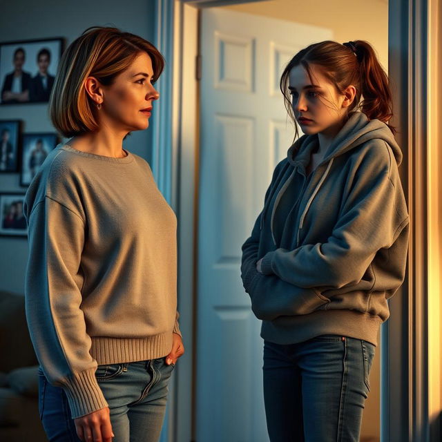 A dramatic and emotional scene set in a home environment, featuring a mother, wearing a comfortable sweater and relaxed jeans, with a concerned look on her face, addressing her teenage daughter