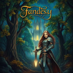 An enchanting fantasy book cover featuring an ancient, mystical forest with towering trees, their leaves glowing in shades of emerald and gold