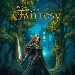 An enchanting fantasy book cover featuring an ancient, mystical forest with towering trees, their leaves glowing in shades of emerald and gold