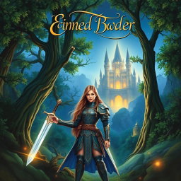 An enchanting fantasy book cover featuring an ancient, mystical forest with towering trees, their leaves glowing in shades of emerald and gold