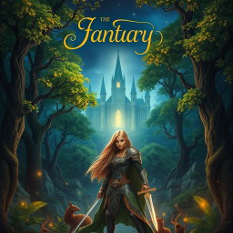 An enchanting fantasy book cover featuring an ancient, mystical forest with towering trees, their leaves glowing in shades of emerald and gold