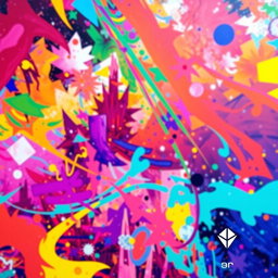 An expanded version of a vibrant, colorful photograph featuring an abstract background with dynamic shapes and bright colors, seamlessly blending into a larger canvas