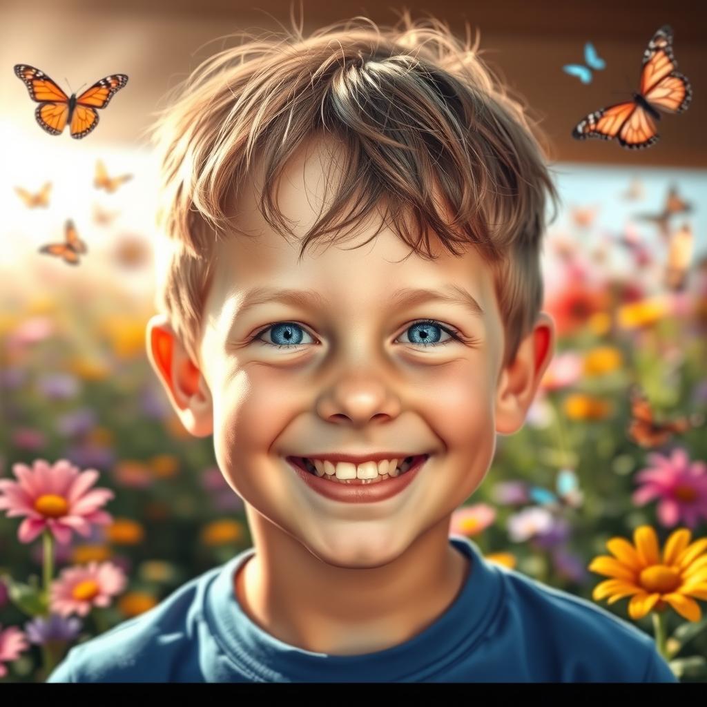 A portrait of a boy with a cheerful expression, bright blue eyes, and a wide smile, set against a vibrant background full of colorful butterflies and flowers