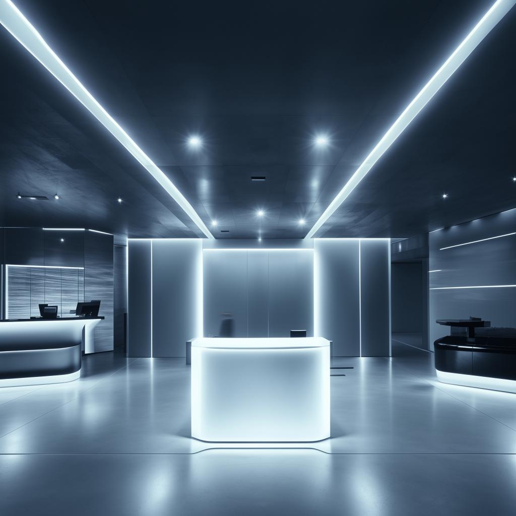 A futuristic reception area with clean lines, glossy surfaces, innovative technology, and ambient lighting.