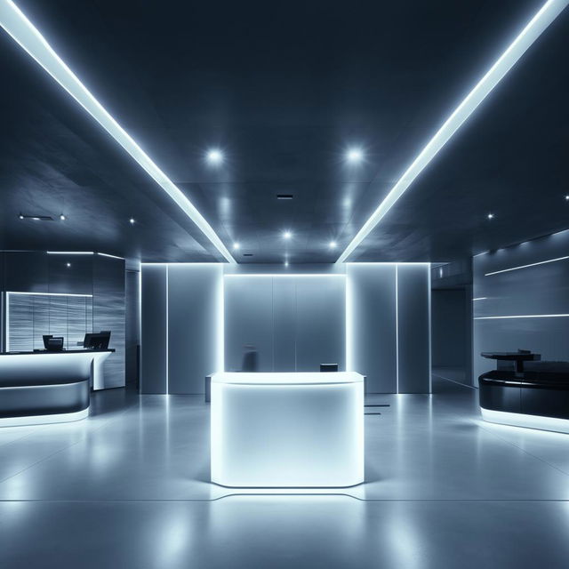 A futuristic reception area with clean lines, glossy surfaces, innovative technology, and ambient lighting.