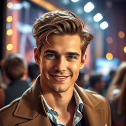 A charming and attractive male actor beloved by women, with captivating features and a warm smile