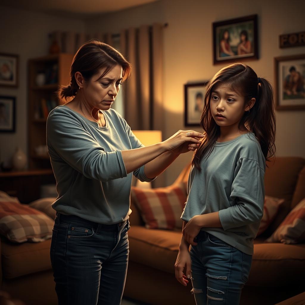 A tense yet impactful scene in a cozy home environment, illustrating a mother in a casual outfit, looking disappointed, while gently spanking her teenage daughter who is wearing casual attire and has a mix of surprise and remorse on her face